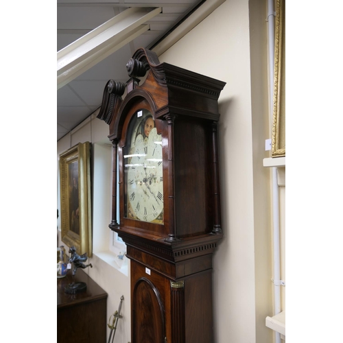 911 - Mahogany eight day longcase clock, early 19th Century, the hood with swan neck pediment, centred wit... 