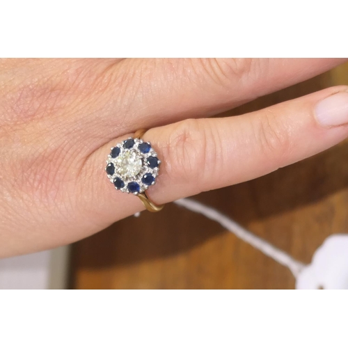 118 - Diamond and sapphire cluster ring, centred with an old cut round diamond of approx. 0.75ct, estimate... 