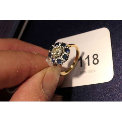 118 - Diamond and sapphire cluster ring, centred with an old cut round diamond of approx. 0.75ct, estimate... 