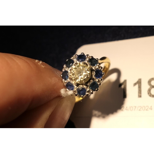 118 - Diamond and sapphire cluster ring, centred with an old cut round diamond of approx. 0.75ct, estimate... 