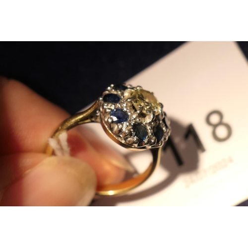 118 - Diamond and sapphire cluster ring, centred with an old cut round diamond of approx. 0.75ct, estimate... 