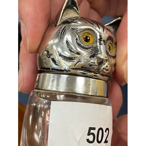 502 - Victorian novelty silver mounted moulded glass scent bottle in the form of a kitten, by William Hutt... 