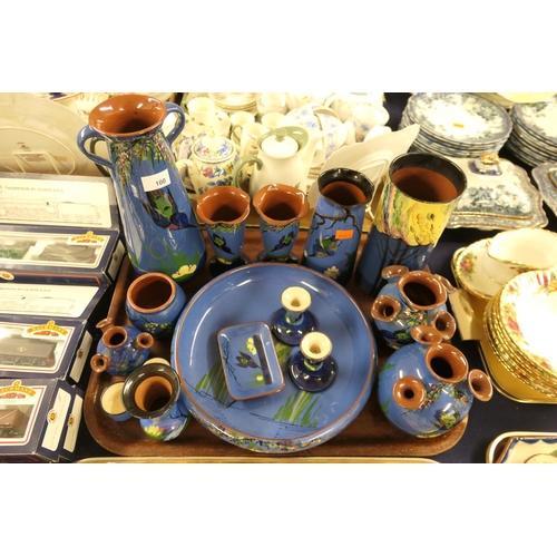 100 - Longpark Kingfisher pattern blue glazed pottery; also Torquay pottery cylinder vase (1 tray)