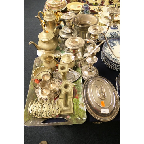 106 - Assorted silver plated wares including candelabrum, plated tea wares, entree dish and cover etc.