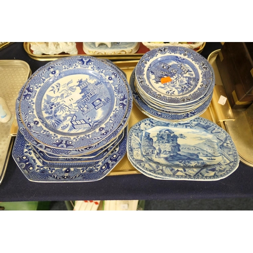 11 - Pair of Mason's Ironstone blue and white dishes, other blue and white plates, mostly Willow pattern