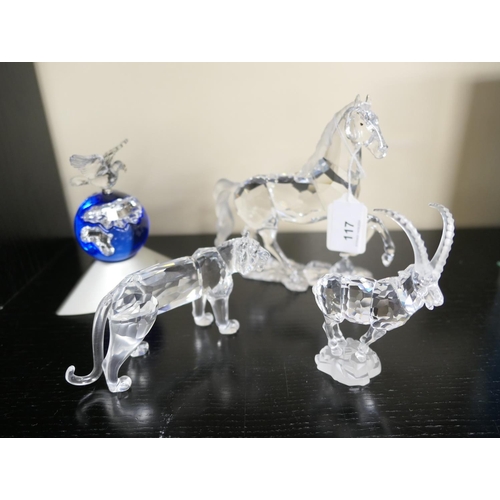 117 - Swarovski Crystal Tiger, Horse, Ibex and Millennium Crystal Planet ornament, all with boxes (4)