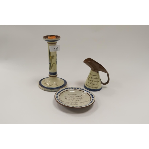 130 - Aller Vale Motto ware candlestick; also two Knaresborough souvenir Motto ware items (3)