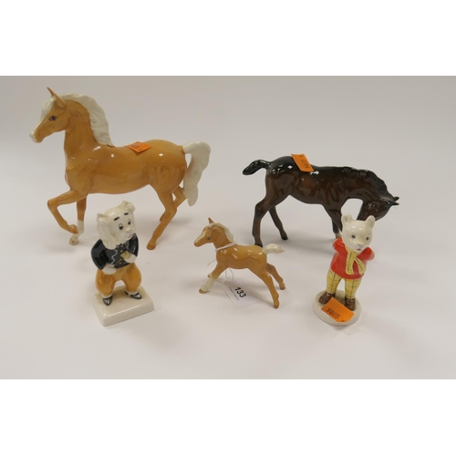 133 - Beswick Palamino horse; also two Beswick foals, Rupert Bear and Pong-Ping (5)