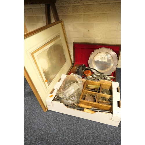 15 - Assorted Victorian and later furniture mounts, small number of tools, loose cutlery, camera and a fr... 