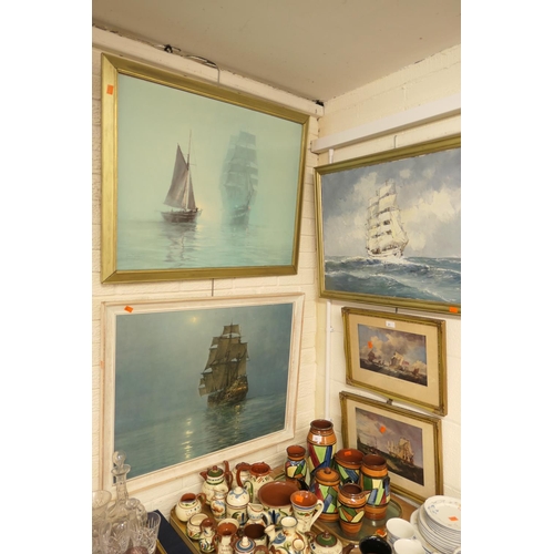 21 - Framed oil painting of a clipper at sea, two Montague Dawson prints and two further maritime prints ... 