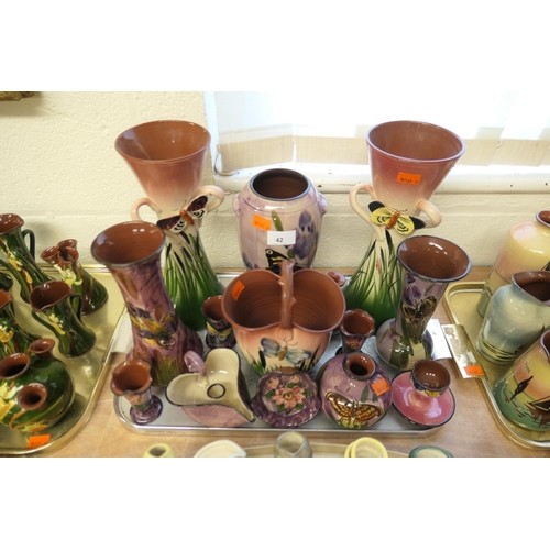 42 - Selection of Lemon and Crute (Torquay) pottery including a pair of tall butterfly vases