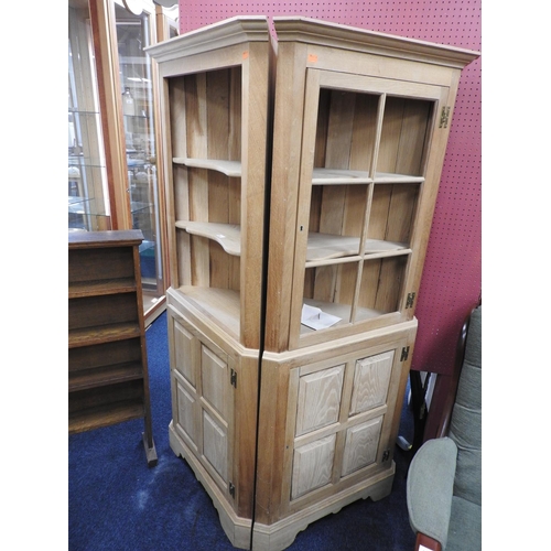 551 - Two bespoke solid oak freestanding corner cupboards, in the raw ideal for painting, height 179cm