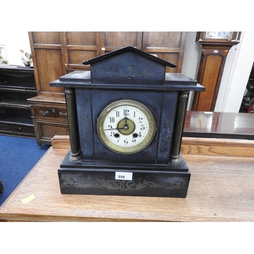 556 - Victorian polished slate 'temple' mantel clock, width 30th, height 33cm