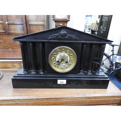 558 - Victorian polished slate 'temple' mantel clock, width 43.5cm, height 27cm