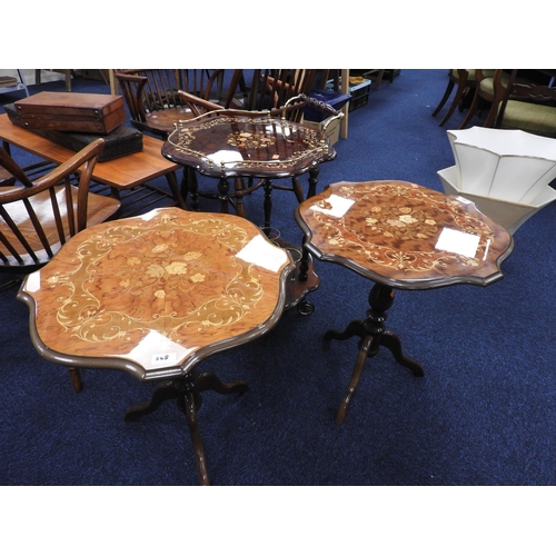 568 - Two Italian inlaid pedestal tripod tables and a similar Italian drink's trolley (3)