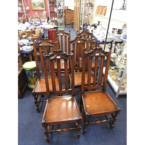 574 - Set of six quality oak high slat back dining chairs in the 17th Century style