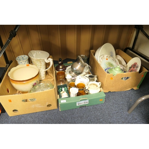 65 - Assorted Victorian and later ceramics, silver plated ice jug, small amount of glassware etc (3 boxes... 