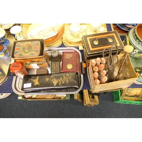 71 - Tins and moneyboxes and a Japanese black lacquered glove box, wooden skittles, vintage scissors etc