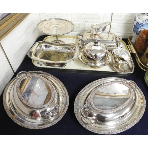 1 - Assorted silver plated wares including a pair of George V silver plated oval covered entree dishes