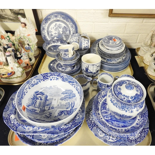 11 - Collection of mixed blue and white wares including Spode's Italian pattern, Willow patterns etc (2 t... 