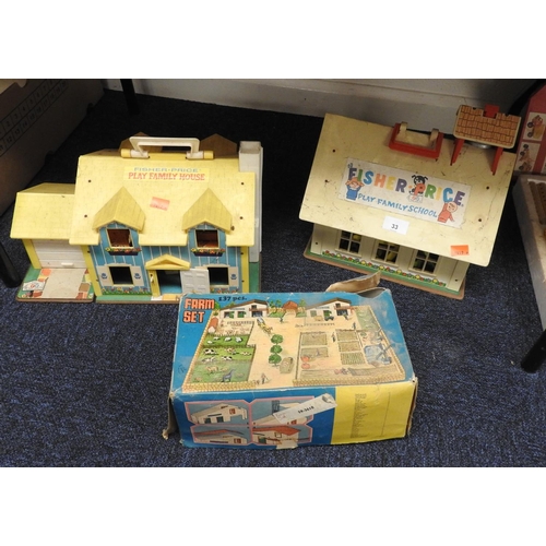 33 - Fisher Price Play Family House, also a Play Family School and a toy farm set (3)