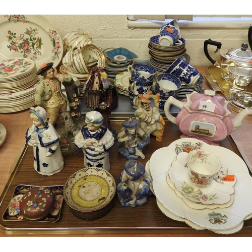 46 - Assorted china tea wares including George Jones Crescent, small number of figures, souvenir teapot, ... 