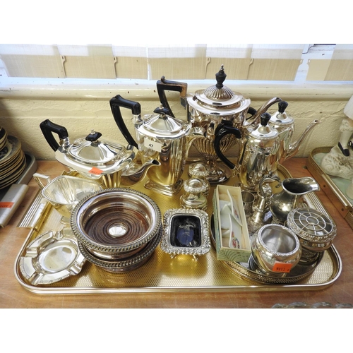 47 - Silver plated wares including three piece tea service, other tea wares, pair of bottle coasters etc