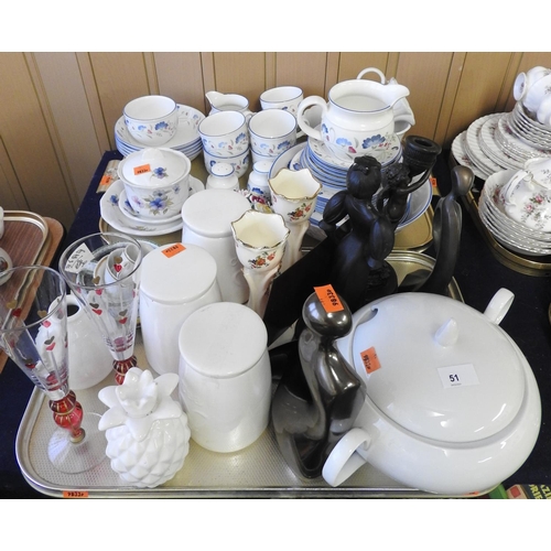 51 - Royal Doulton Windermere pattern breakfast wares, other modern dinner wares, storage jars, figures e... 