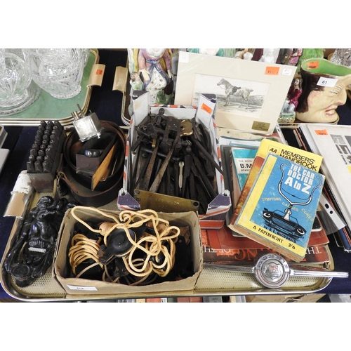 62 - Small number of tools including clamps, dividers, letter punches, lion mask door knocker and motor r... 