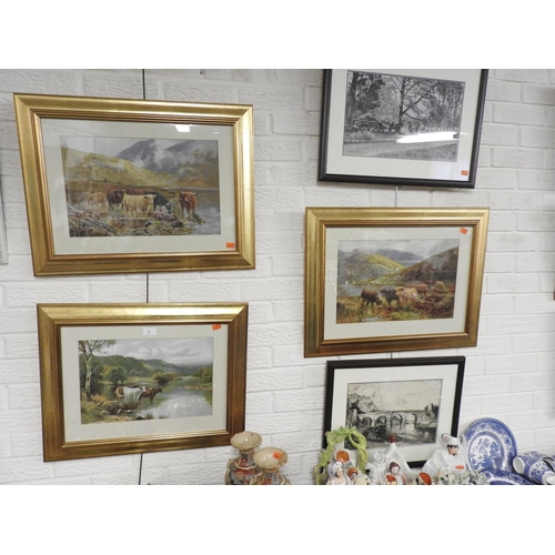 7 - Three gilt framed prints of cattle in a landscape, also two further prints (5)