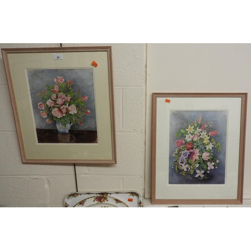 28 - Two acrylic still life paintings of flowers in vases, unsigned, framed