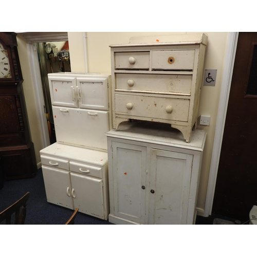 592 - Vintage white painted kitchen cabinet, white painted two door cupboard and a painted small chest of ... 