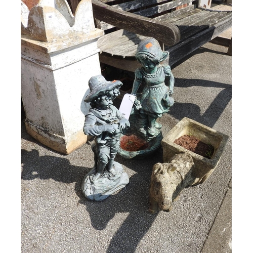 604 - Three reconstituted stone garden ornaments including figural fountain, height 60cm