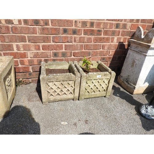 605 - Pair of reconstituted stone square planters, 33cm