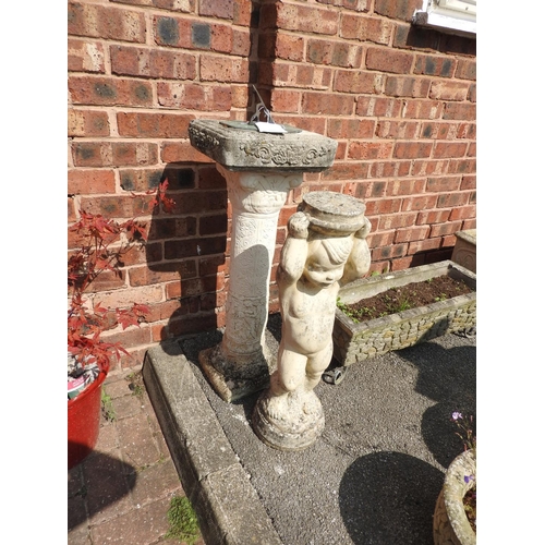 609 - Reconstituted stone pedestal sundial, height 80cm, also a reconstituted stone figural garden ornamen... 