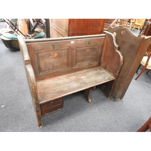 630 - Victorian stained pine small pew, with discrete strong box, width 115cm