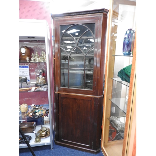 640 - 19th Century mahogany and inlaid free standing corner display cabinet, height 217cm