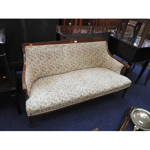 652 - Edwardian mahogany inlaid and floral fabric upholstered settee, width 136cm