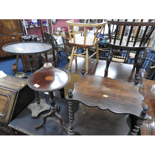 658 - Victorian rosewood barleytwist two tier whatnot, also a mahogany and inlaid pedestal wine table, and... 