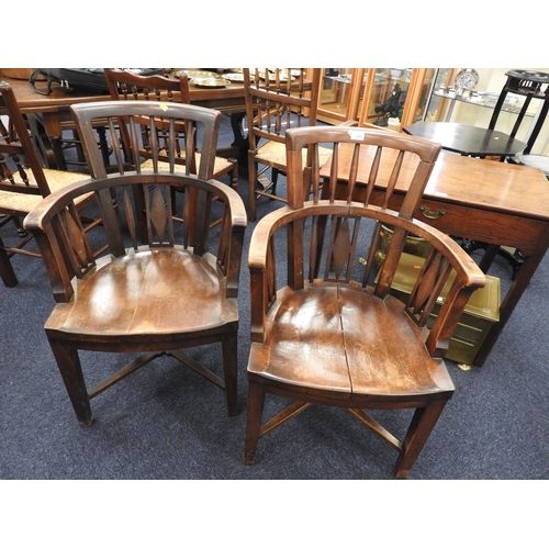 665 - Pair of unusual stained beech club style Windsor chairs