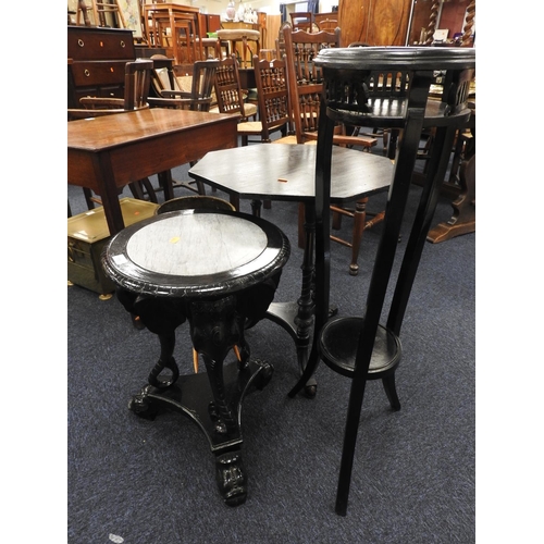 668 - Victorian ebonised walnut octagonal topped table, also an Indian black painted marble topped jardini... 