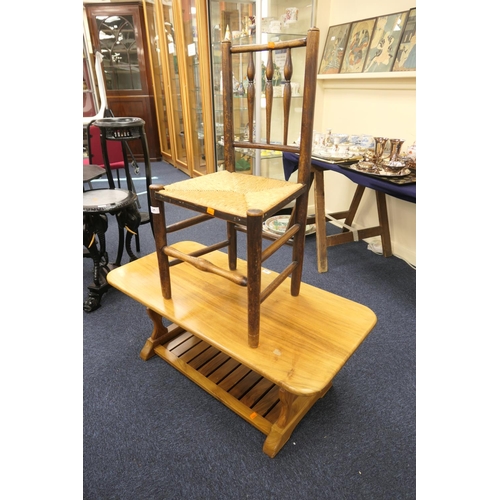 680 - Hand crafted walnut coffee table, width 105cm; also a 19th Century ash spindle back side chair (2)