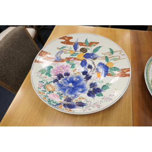 681 - Japanese Imari porcelain charger, decorated with birds and peony, late Meiji, 47cm diameter