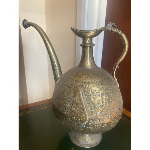 23 - Joseph Sankey & Sons Art Nouveau copper jug, also an Indian brass wine ewer (weighing 1.26kg), brass... 