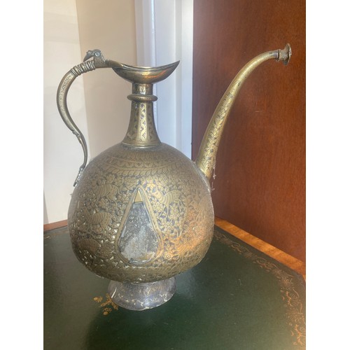 23 - Joseph Sankey & Sons Art Nouveau copper jug, also an Indian brass wine ewer (weighing 1.26kg), brass... 