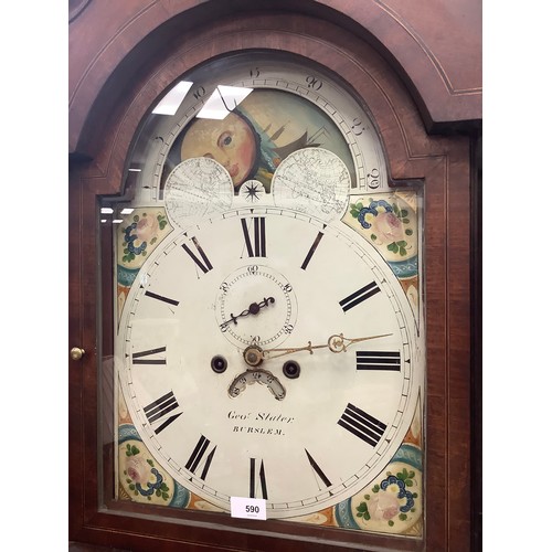 590 - George Slater, Burslem, an oak, mahogany and inlaid eight day longcase clock, with a painted moon ph... 