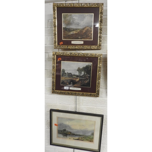 15 - Indistinctly signed watercolour of a river landscape also two gilt framed Constable prints (3)