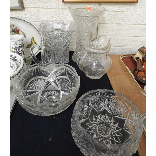 21 - Selection of cut glass ware including a large waisted vase, repaired bowl, damaged jug etc (6)