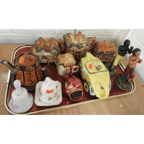 23 - Mixed ceramics including a pair of reproduction pugilist figures, yellow glazed motor car teapot, co... 