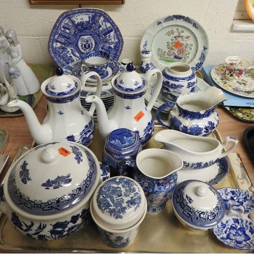 26 - Assorted blue and white pottery including Rington's and others (2 trays)